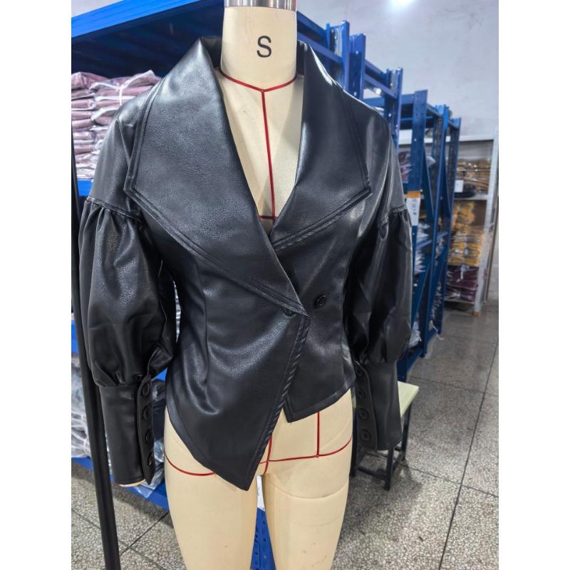 Women Black Faux Leather Jacket Wide Lapel Lantern Sleeve Slim Fit