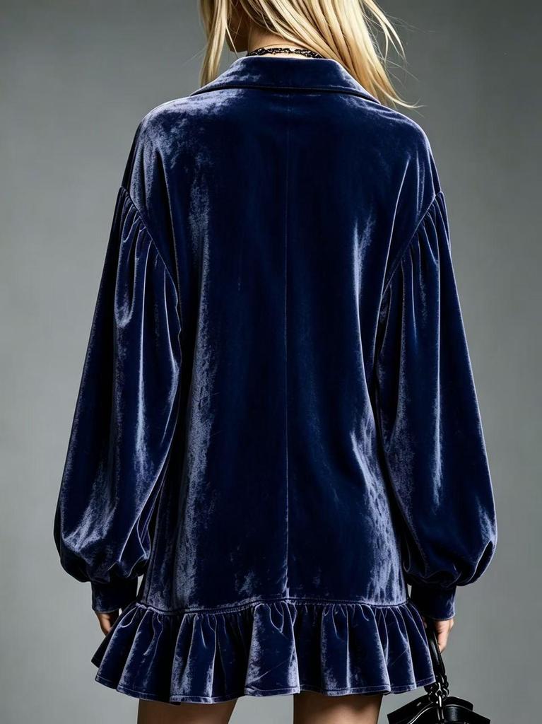 Elegant Velvet Ruffle Lapel Shirt Dress with Lantern Sleeves for Women