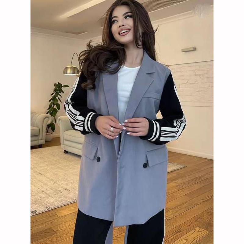 Casual Patchwork Blazer Pants Women Set Long Sleeve Button Coat Wide Leg Trousers Autumn Fashion Lady Outfit