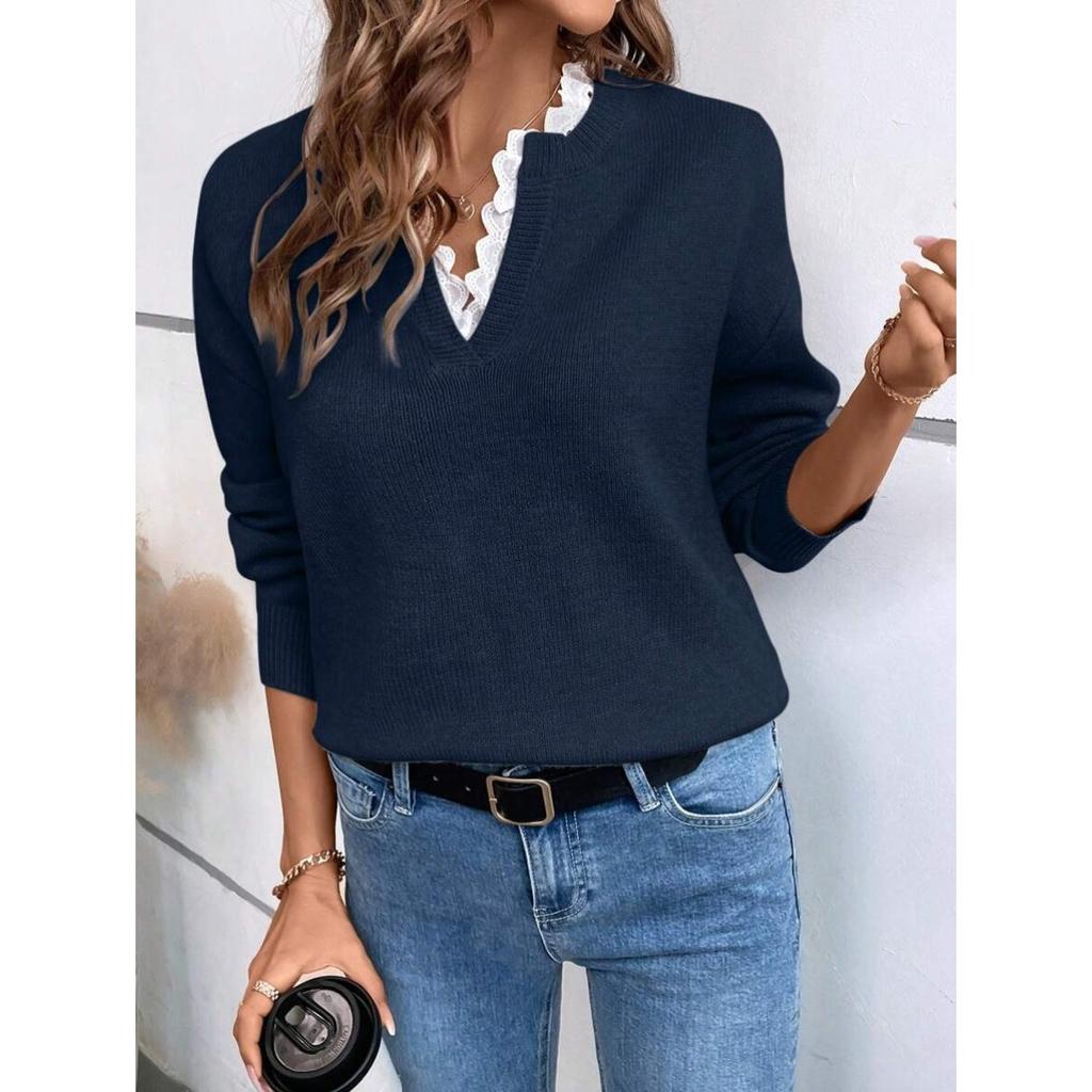 Autumn and Winter Fashion Lace V-neck Sweater Solid Color Loose Long Sleeve Women's Knitted Sweater