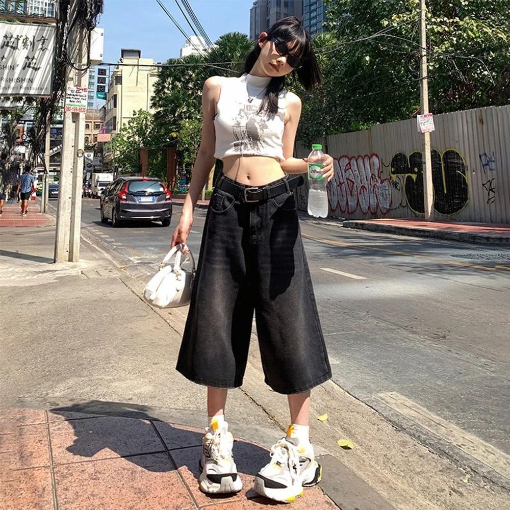 Jeans larghi da donna stile americano vintage estivi Y2k larghi lavati vita alta lunghezza al ginocchio pantaloni in denim streetwear pantaloncini a gamba larga