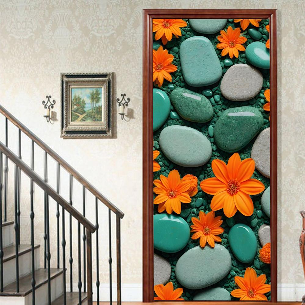 1 Stück Kieselsteinlandschaft Veranda Vinyl Türsticker für Schlafzimmer Heimdeko Selbstklebend Abnehmbares Wandtattoo Türrenovierung Wasserdichtes Poster