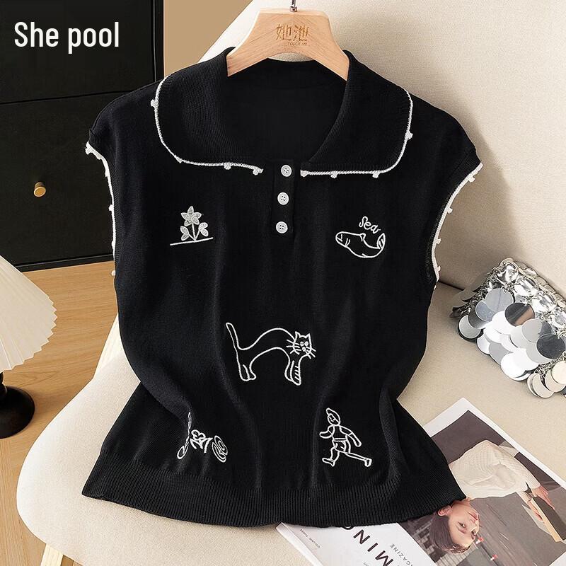 Shechi Women s Embroidered Color Block Knit Polo Top S