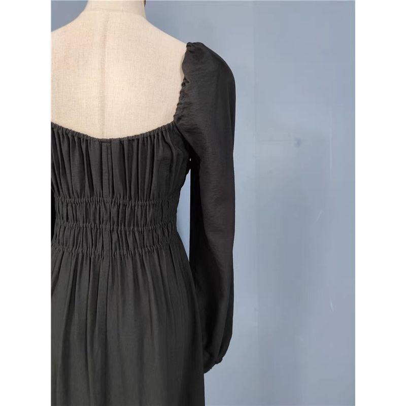Foreign Trade Order H Home Autumn New Square Collar Stretch Wrap-around Waist Hugging Expose Clavicle Lady Joker Leisure Dress Women