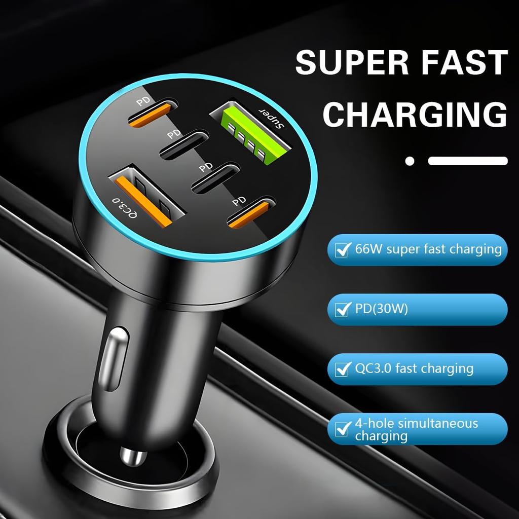 66W 6-Port Car Charger with PD & QC 3.0, 12-24V Fast Charging, Universal for Smartphones