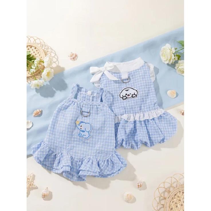 Cute Blue Plaid Dog Dress Breathable Bow Puppy Summer Clothes With Traction Harness For Small Medium Teddy Chihuahua Dog Clothes