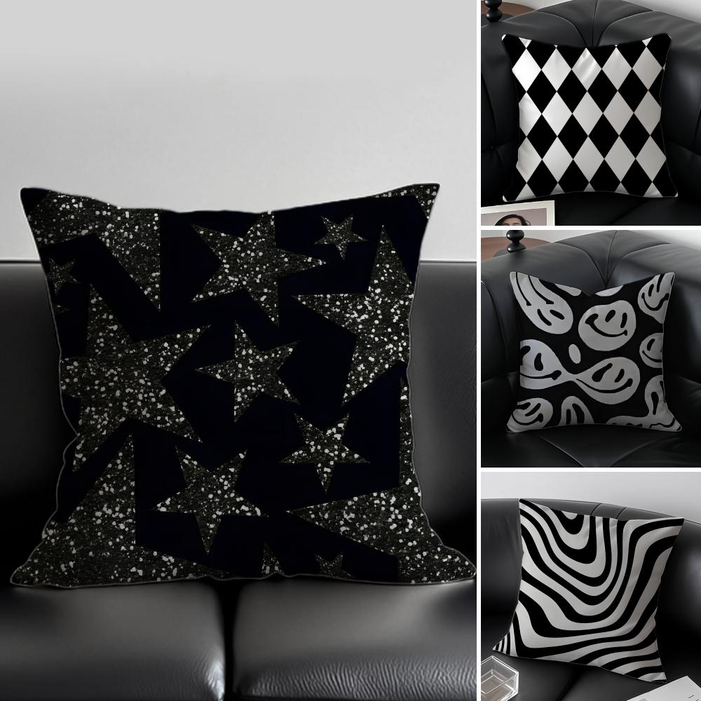 B-Black And White Patterns Cushion Cover Pillow Case Soft Friendly Fabric & Concealed Zipper