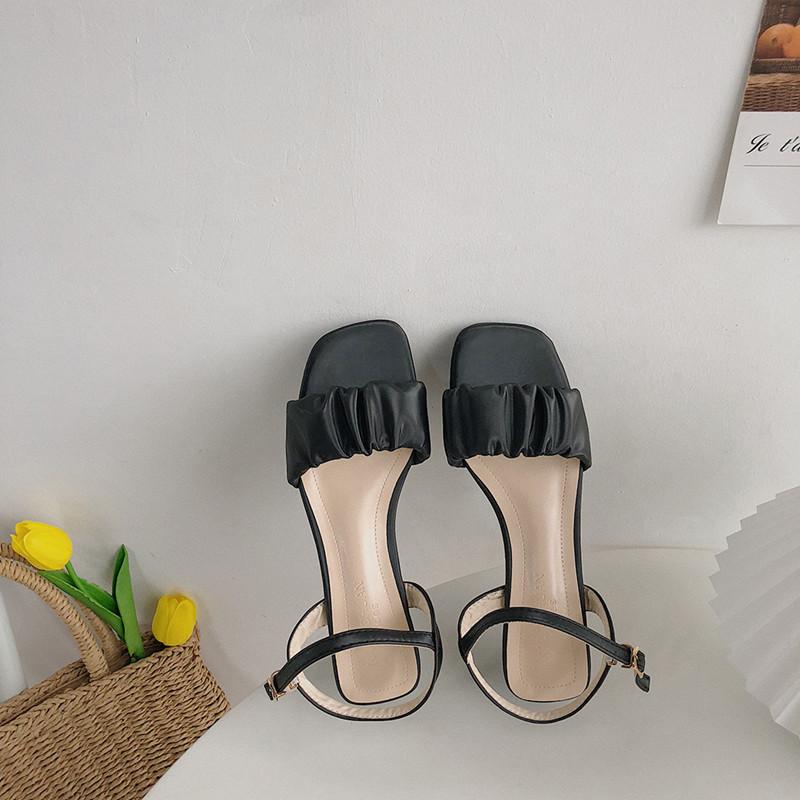 Fashion Square Heel Womens Sandals  Summer New Korean Pleated Ankle Buckle Casual High Heels Sandals Simple Rome Shoes