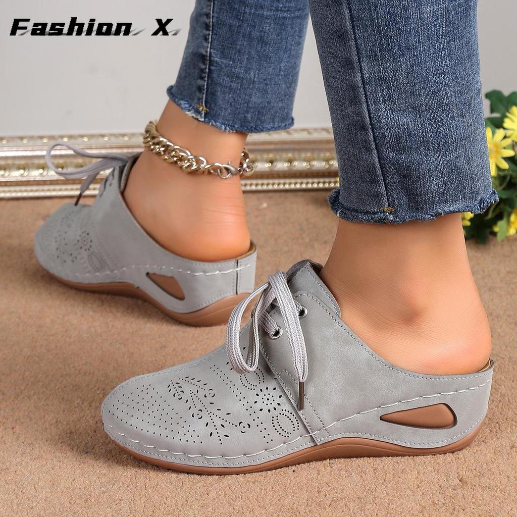 New Women's Wedge Heel Half Slippers Lace Up Pattern Hollow Headed Women's Slippers 43 Size Women's Shoes  Summer New Sandals