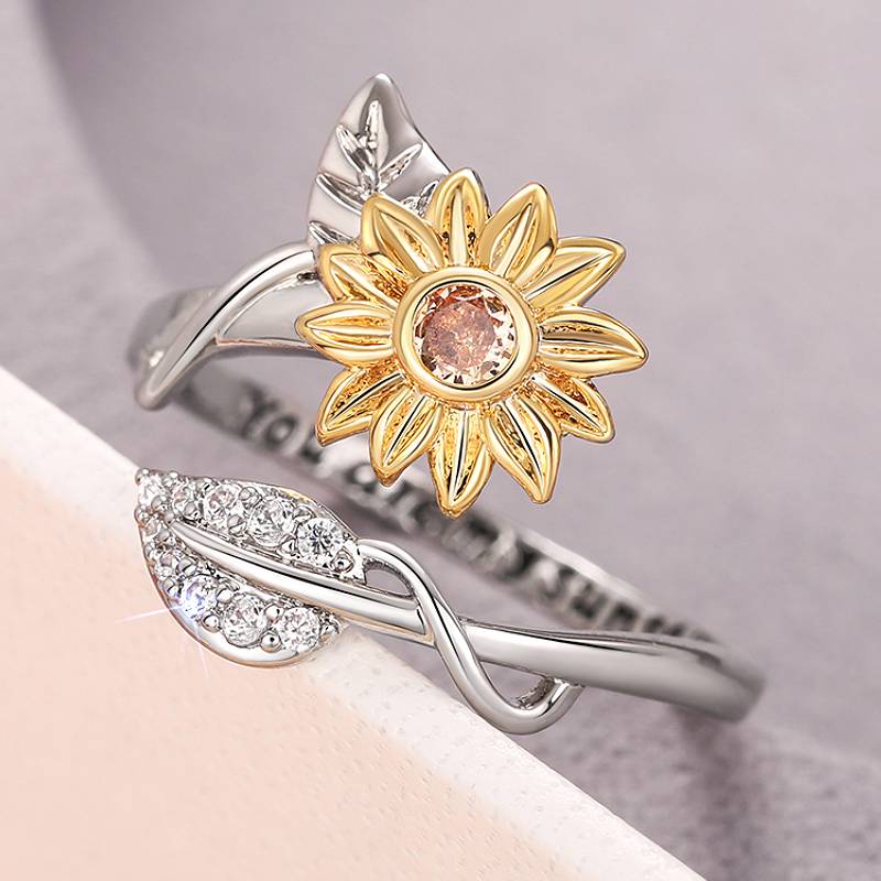 

Huitan Aesthetic Women Sunflower Design Opening Ring Two Tone Fashion Party Versatile Accessories Elegant Zircon Gift with CZ resizable