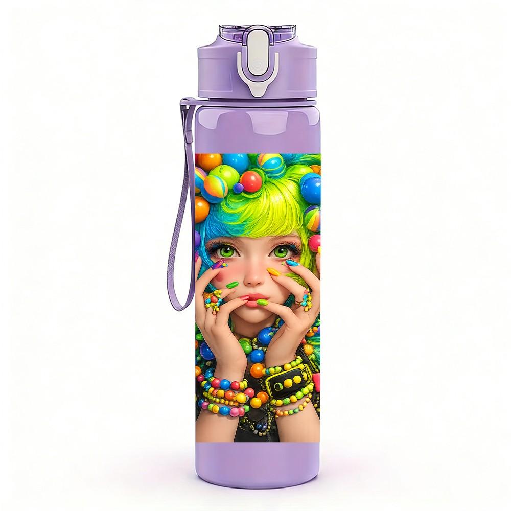 1PC Girl With Colorful Curly Hair Art Print 750ml Color Plastic Sports Water Bottle Leakproof Flip Straw Lid Suitable for Sports Office Home Use