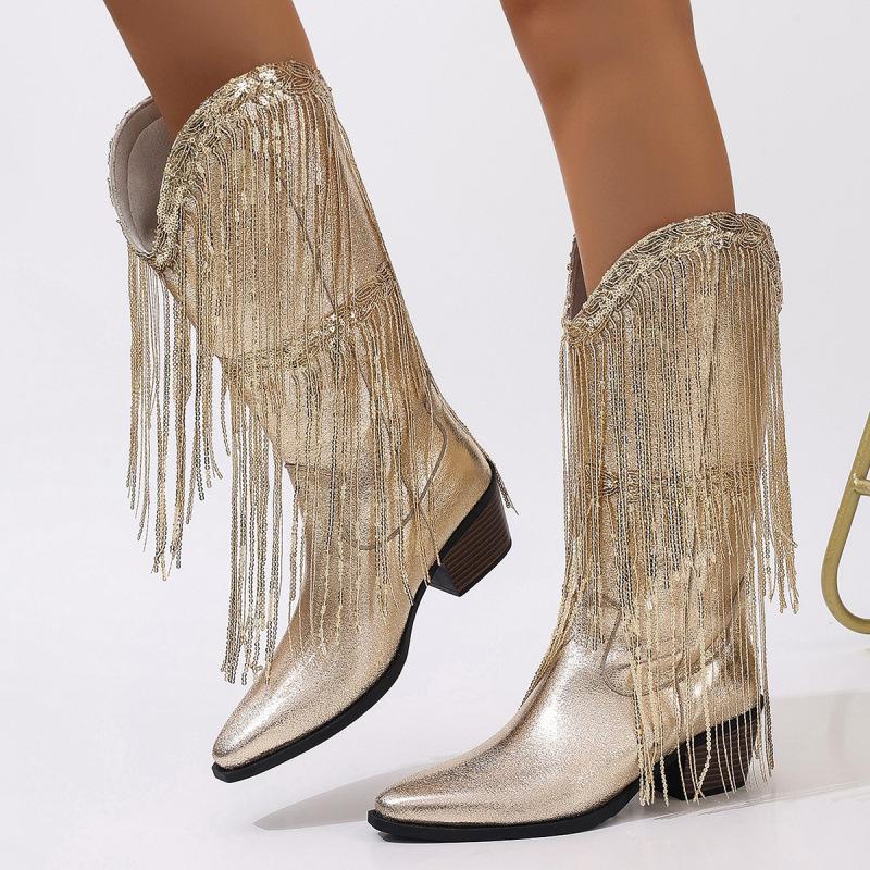 Medium Tube Fashion Boots Large Size Retro Thick Heel Pleated Foot Set V Port Western Knight Boots