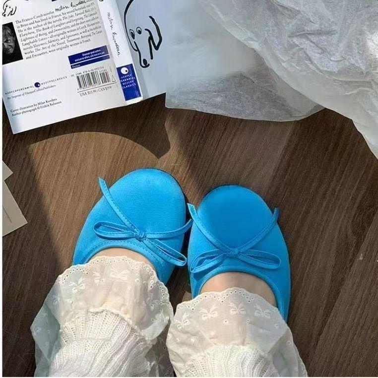 One-pedal blue ballet flat shoes women's 2025 new satin gentle bow round head flat shoes