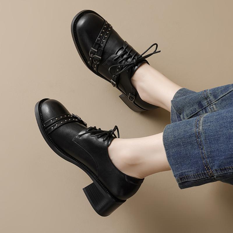 Fashion NEW Spring/Autumn Women Loafers Round Toe Chunky Heel Shoes Split Leather Shoes Women Rivet Lace-up Women Pumps Handmade Shoes
