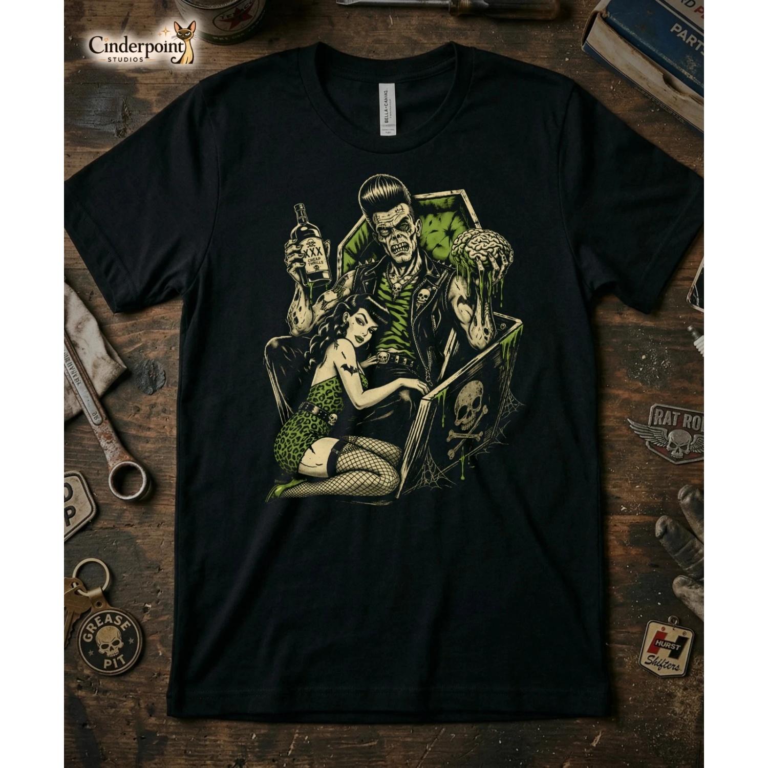 

Cheap Thrills T-shirt - Retro Horror Punk Poster Girl and Zombie Rock T-shirt Printed T-shirt for Men and Women Casual Street S чёрный