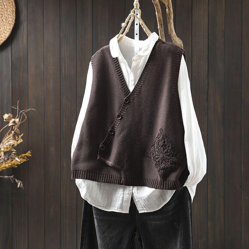

Lace Applique V Neck Cotton Knit Vest Womens Loose Fit Layering Cardigan Autumn Winter Fashion Oversized Sleeveless Top One Size