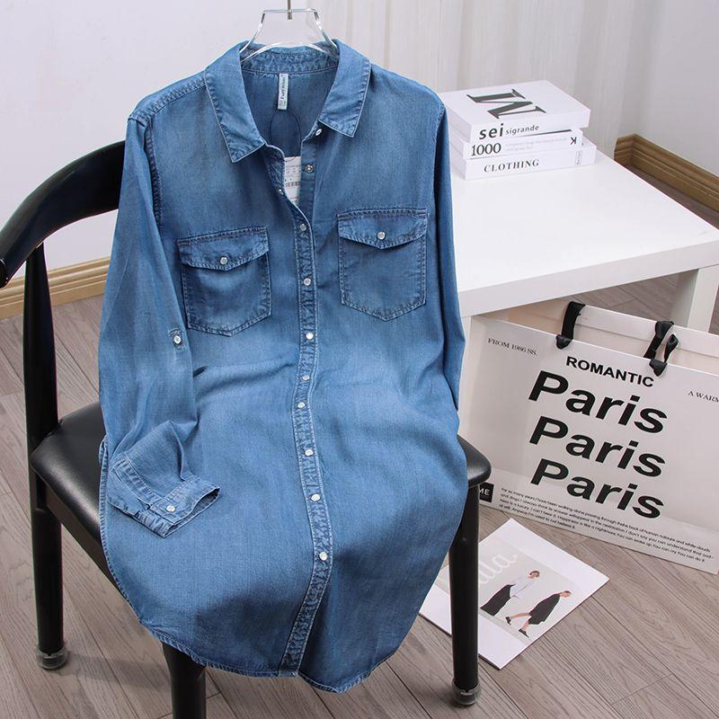 

Большая распродажа ~ Джинсовая рубашка на лацканах женская 2025 Мода Гладкая и прямая средней длины Длинная джинсовая рубашка Легче всего сочетать Light blue M