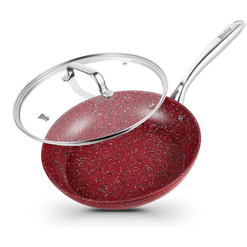 

HLAFRG Aluminum Nonstick Frying Pan 10inch Stir-fry Pot with Cover Healthy Granite Coating Flat Bottomed Pan Kitchen Cookware красный