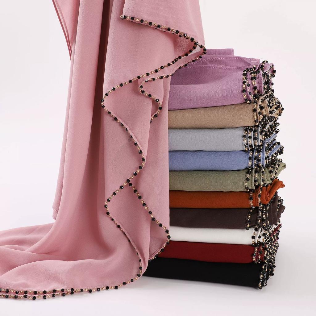New Pearl Chiffon Hijab Scarf Copper Chain With Black Crystal Pearls Women Muslim Fashion Hijabs For Women Ramadan Turban Femme