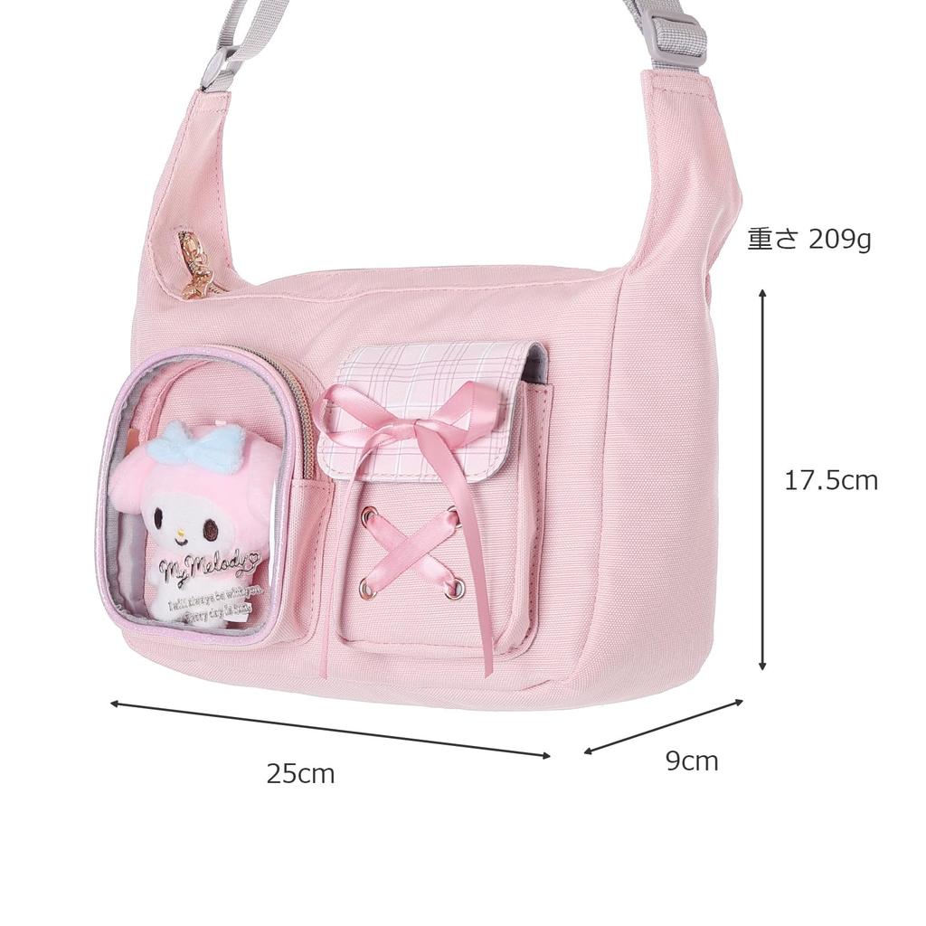 Sanrio Characters Round Shoulder Polyester 2 Stuffed H X 25cm W X 9cm D Bag, Check, Pockets, Animals, 17.5cm (My Melody)