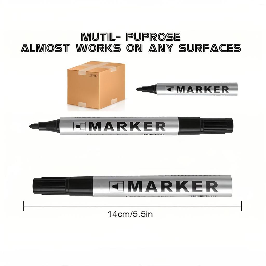 12pcs Black Permanent Oil-Based Markers - Quick Dry, Waterproof, Round tip