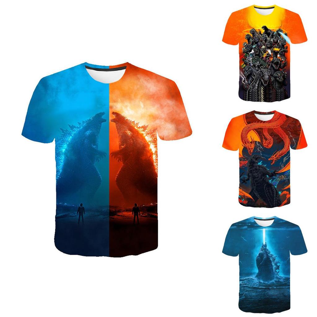 Farbenfrohes 3D-Druck-Godzilla-König-der-Monster-Unisex-Freizeit-Kurzarm-T-Shirt
