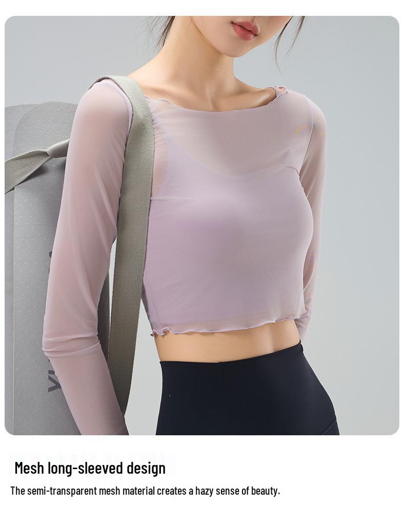 Women's Mesh Yoga Top with Built-In Bra, Two-Piece Look, Beautiful Back Design, Perfect for Pilates, Yoga, and Fitness