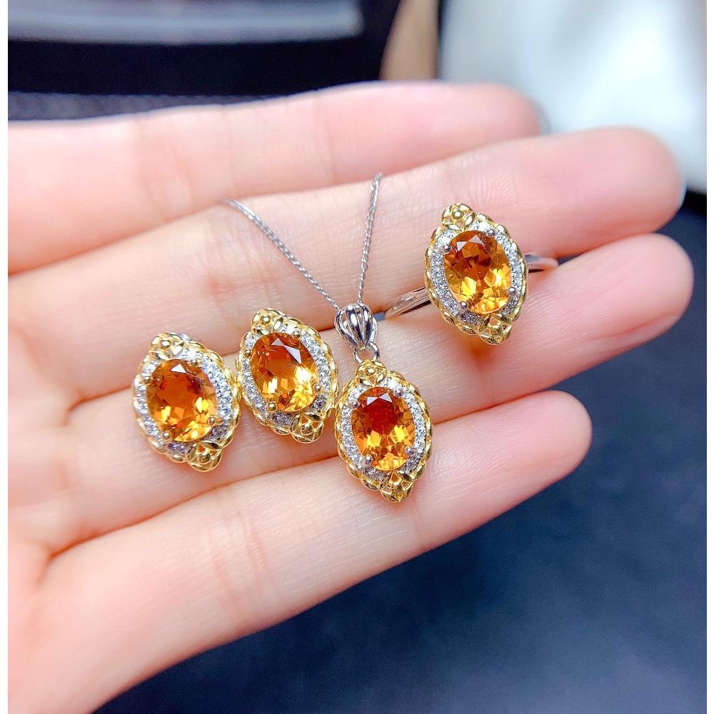 

Women Jewelry Set Citrine Ring Pendant Earrings Crystal Clean Silver Plated Elegant Gift for Her