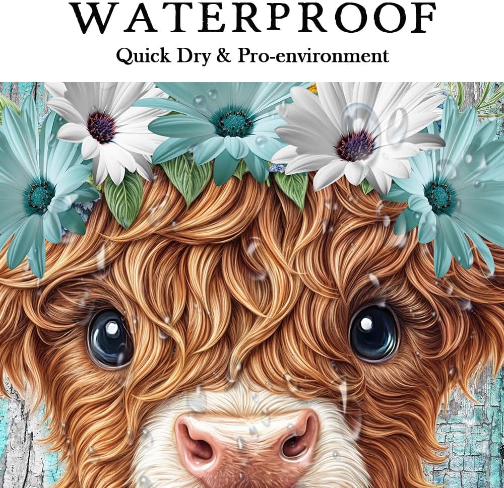 Funny Highland Cow Shower Curtain for Bathroom Decor, Teal Farm Teal Daisy Floral Flowers and Butterfly On Country Wooden