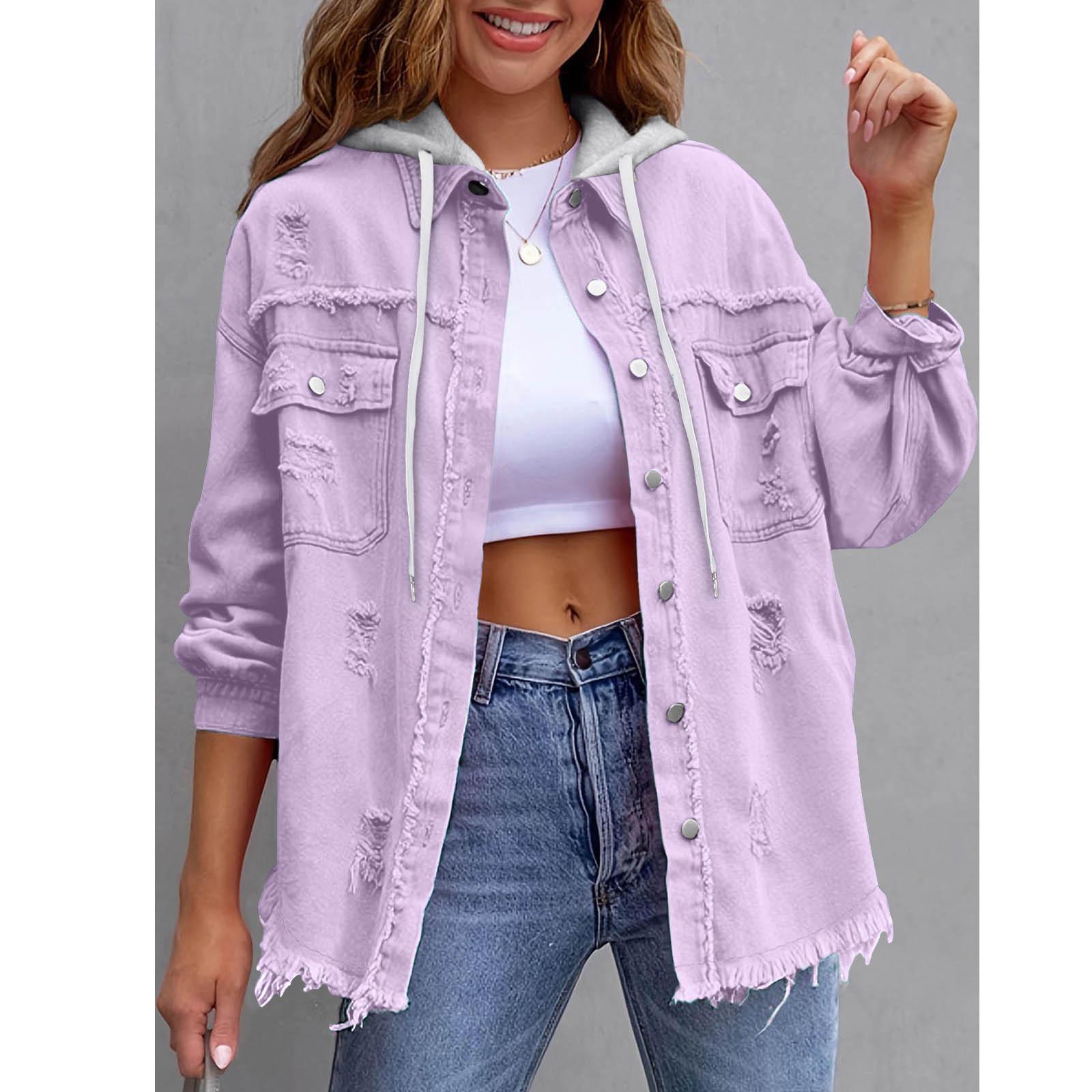 

Women s Trendy Mid-Length Loose Frayed Denim Jacket - European & American Style Fashion Lapel Casual Wear XL