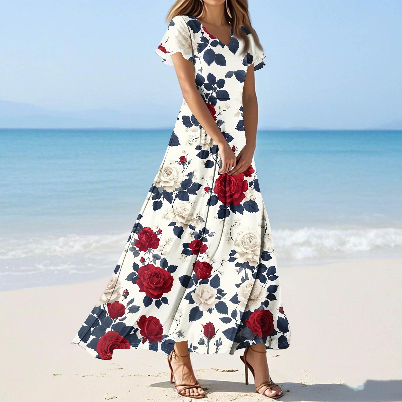 

Женские повседневные модные длинные платья с принтом, платья с V-образным вырезом и коротким рукавом M винный