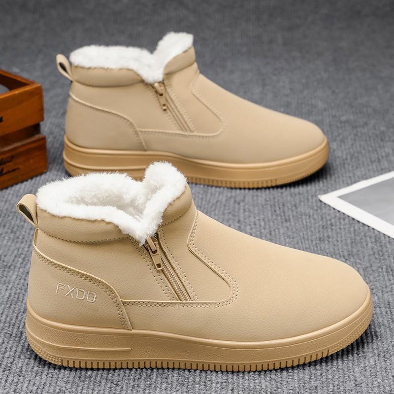 Mens Winter Warm Snow Boots Slip-On High Top Fur-Lined Cotton Shoes Non-Slip PVC Sole Round Toe Casual