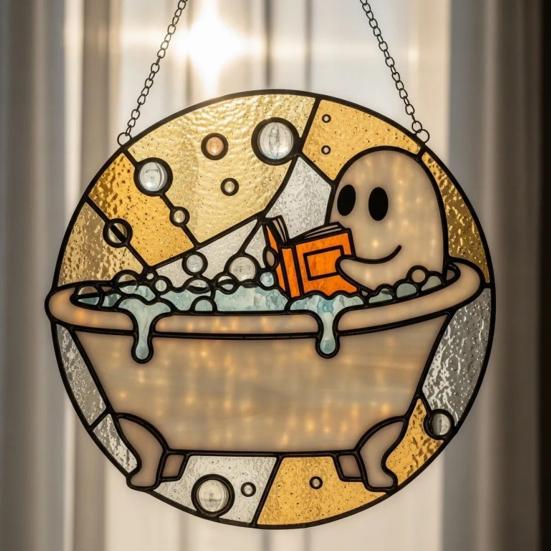 Ozdoby Duch čtenář při koupeli Roztomilý duch ve vaně čtoucí knihu Akrylový lapač slunce Halloweenská koupelna Okenní závěsná dekorace