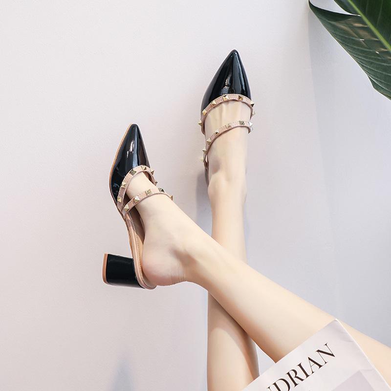 

Баотоу полушлепанцы уличная обувь весна и лето новинка средний толстый каблук остроносые сандалии заклепки высокие каблуки туфли-лодочки 40 телесный