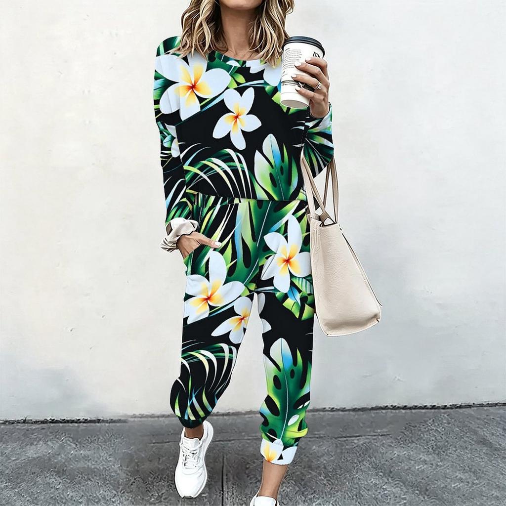 Ladies Long Sleeve Round Neck Blouse And Straight Leg Long Pants Two Piece Soft Daily Wear Set