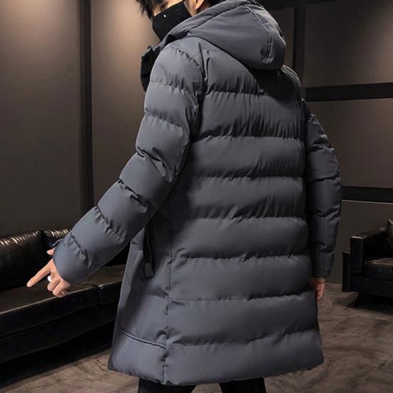 Autumn Winter Men Jacket Cotton Padded Hooded Long Sleeve Drawstring Mid-length Windbreaker for Daily Wear