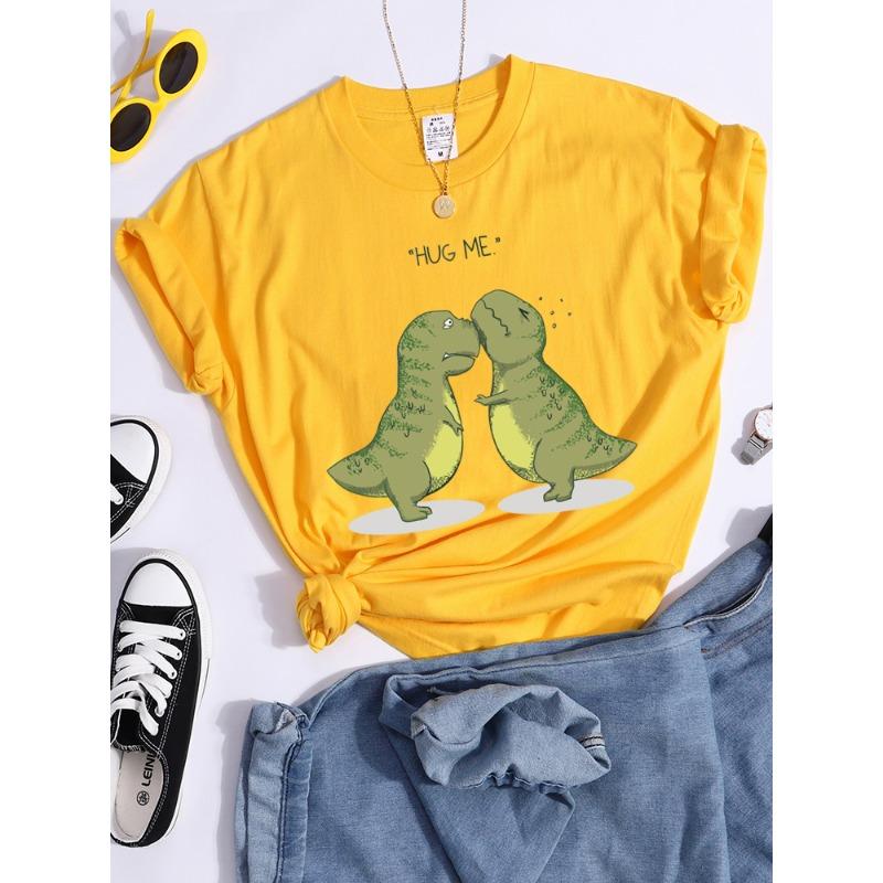 Hug Me Kawaii Green Little Dinosaur Women T-Shirt Summer Casual T Shirts Street Hip Hop Crop Top Personality Breathable T Shirt