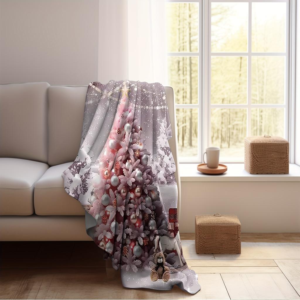 1pc Pink Blanket Christmas Pine Tree Printed Skin-Friendly Soft Blanket Washable New for Home Bedroom Christmas Decoration
