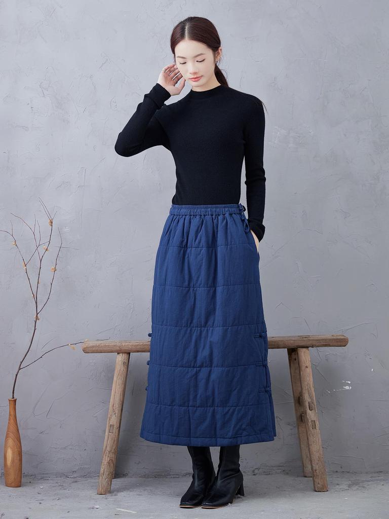 Autumn/Winter Navy Blue Quilted Cotton Midi Skirt - Plus Size, Slimming, Versatile, Chinese-Inspired, Intellectual Style
