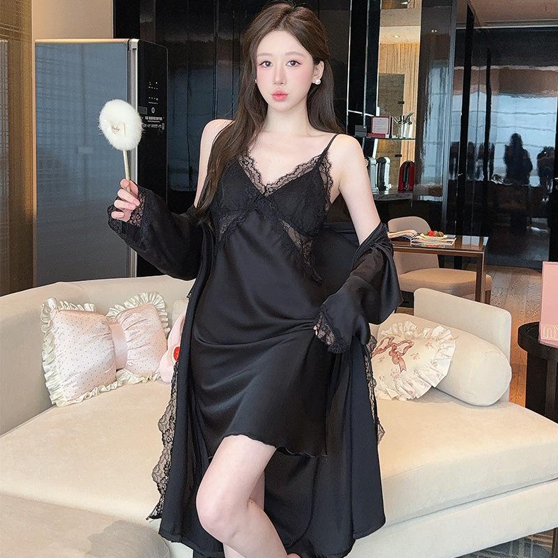 French pajamas women's summer ice silk suspender nightgown two-piece set sexy back waist thin nightgown with chest pad