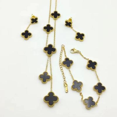 3PCS Double Sided Four Leaf Grass Necklace Earrings Bracelet Set