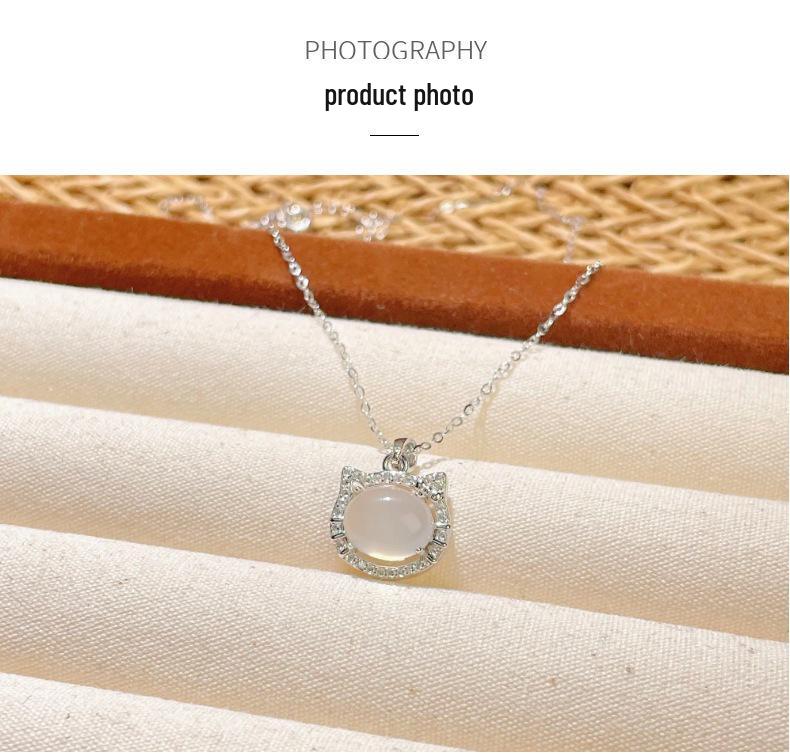 S925 Sterling Silver Chalcedony Cat Necklace with Zircon Pendant