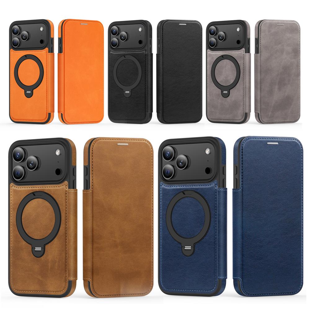 KEYSION Leather Flip Wallet Case for iPhone 15 16 17 Pro Max Air 16Plus 16e Cards Slots Magnetic 360 Ring Stand Phone Back Cover