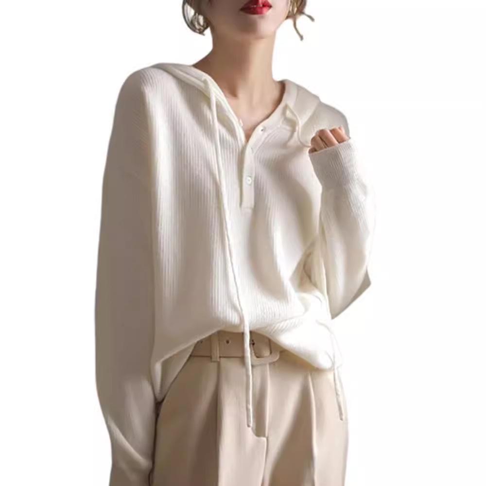 Women's Solid Wool Knit Hooded Sweater - Autumn/Winter Loose Slimming Pullover