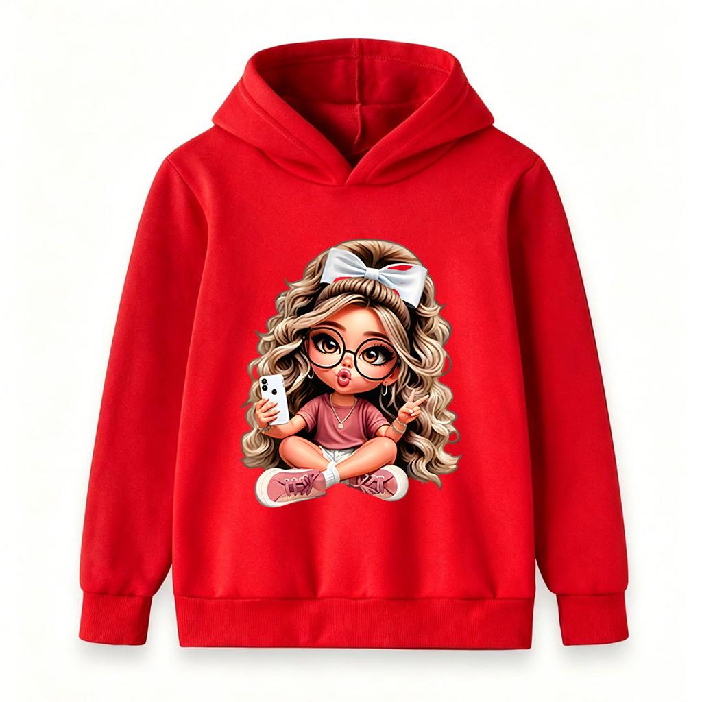 Kids Boys Girls Hooded Sweatshirt Cute Cartoon Girl Print Long Sleeve Pullover Hoodie Casual Warm Top For School Street Daily Wear For 3-12 Years Old