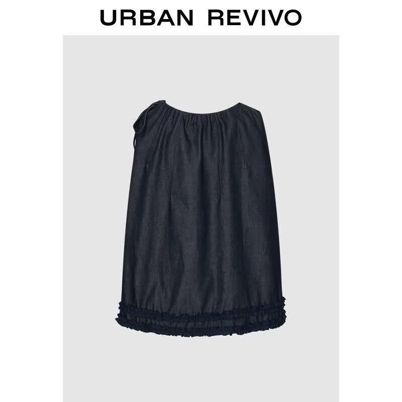 UR2026 Women s Ruffle Trim Bow Tie Sleeveless Denim Shirt S