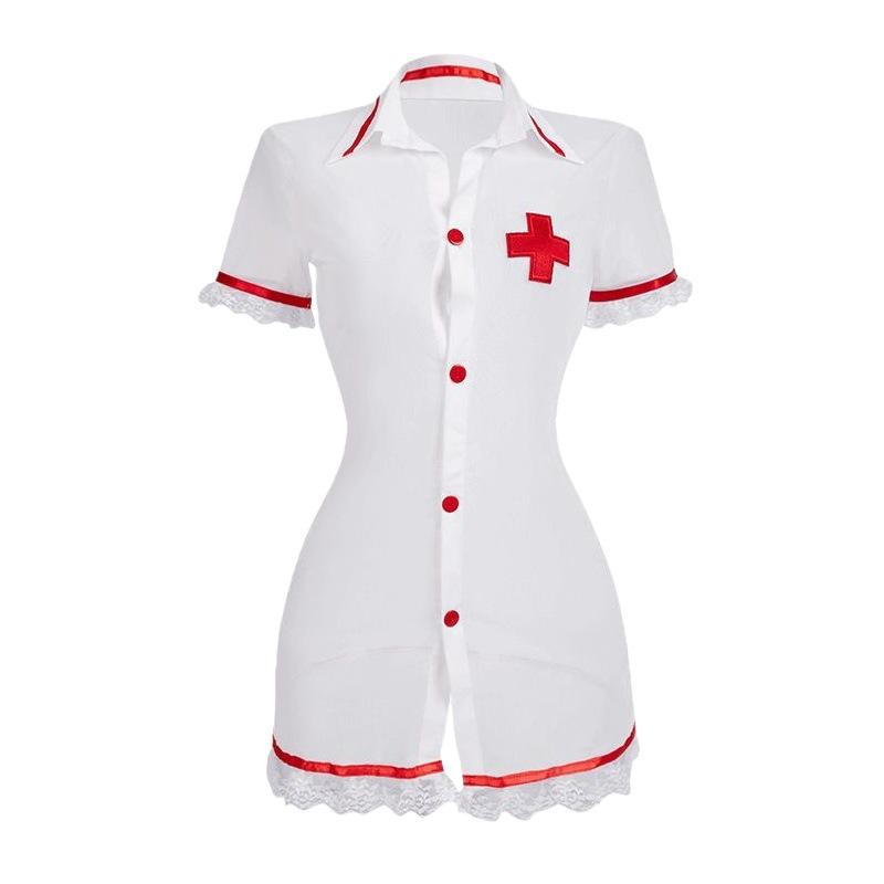 Manbaisha Sexy Sheer Deep V Lace Cosplay Nurse Uniform Set