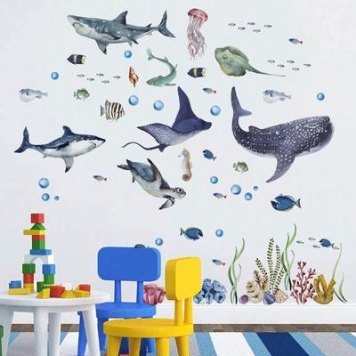 Tiburones Acuarela Océano Pegatinas de Pared Animales Marinos Pez Vida Marina Pegatina de Pared Guardería Bebé Habitación Infantil Sala de Juegos Decoración