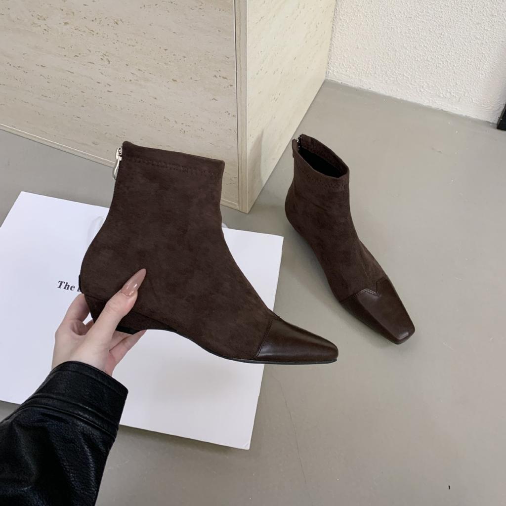 2025 New Square Head Rear Zipper Low Tube Thin Short Slope Heel Low Tube Martin Women's Short Boots