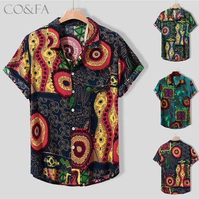 Mens Summer Hawaiian Shirt Vintage Ethnic Printed Tops Turn Down Collar Short Sleeve Loose Casual Blouse